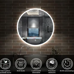 Miroir de salle de bain LED rond de 80cm, dimmable + mémoire + antibuée, avec interrupteur tactile, blanc, AICA SANITAIRE