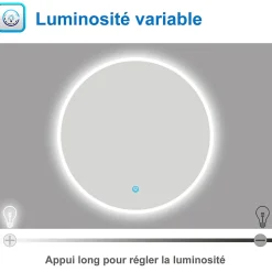 Miroir de salle de bain LED rond de 80cm, dimmable + mémoire + antibuée, avec interrupteur tactile, blanc, AICA SANITAIRE