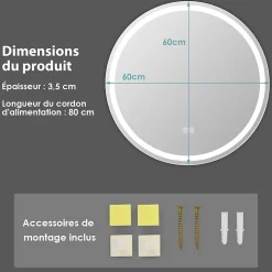 Miroir de Salle de Bain LED Miroir Mural avec 3 Couleurs de Lumière & Luminosité Réglable Miroir de Coiffeuse LED