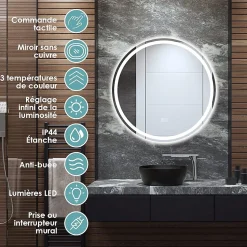 Miroir de Salle de Bain LED Miroir Mural avec 3 Couleurs de Lumière & Luminosité Réglable Miroir de Coiffeuse LED