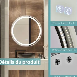 Miroir de Salle de Bain LED Miroir Mural avec 3 Couleurs de Lumière & Luminosité Réglable Miroir de Coiffeuse LED