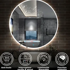 Miroir de salle de bain LED rond de 120cm, dimmable + mémoire + antibuée, avec interrupteur tactile, blanc, AICA SANITAIRE