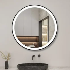 Miroir de salle de bain LED rond 60 cm avec cadre noir, tricolore + anti-buée + mémoire + gradation infinie, AICA SANITAIRE