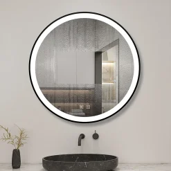 Miroir de salle de bain LED rond 60 cm avec cadre noir, tricolore + anti-buée + mémoire + gradation infinie, AICA SANITAIRE