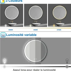 Miroir de salle de bain LED rond 60 cm avec cadre noir, tricolore + anti-buée + mémoire + gradation infinie, AICA SANITAIRE