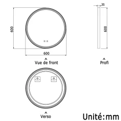 Miroir de salle de bain LED rond 60 cm avec cadre noir, tricolore + anti-buée + mémoire + gradation infinie, AICA SANITAIRE