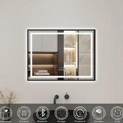 Miroir de Salle de Bain LED Intelligent 100x80 cm - Anti-Buée, Bluetooth, Horloge, Variateur de Lumière 3C