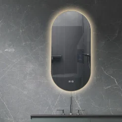 Miroir de salle de bain LED 45x90cm ovale anti buée avec cadre en aluminium doré, or LuxuryBain