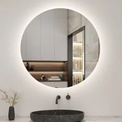 Miroir de salle de bain LED rond 90 cm avec rétro-éclairage sans cadre, anti-buée + mémoire + dimmable, AICA SANITAIRE
