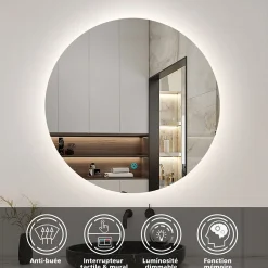 Miroir de salle de bain LED rond 90 cm avec rétro-éclairage sans cadre, anti-buée + mémoire + dimmable, AICA SANITAIRE
