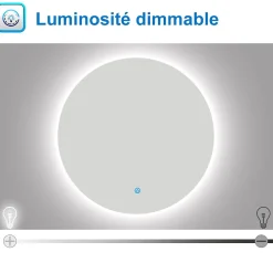 Miroir de salle de bain LED rond 90 cm avec rétro-éclairage sans cadre, anti-buée + mémoire + dimmable, AICA SANITAIRE