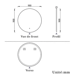 Miroir de salle de bain LED rond 90 cm avec rétro-éclairage sans cadre, anti-buée + mémoire + dimmable, AICA SANITAIRE