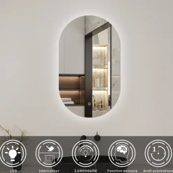 Miroir de salle de bain ovale 50x90cm, mémoire + dimmable, IP44, 6000K blanc froid, AICA SANITAIRE