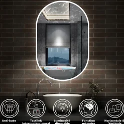Miroir de salle de bain ovale 60x100cm, mémoire + dimmable + anti-buée, IP44, 6000K blanc froid, AICA SANITAIRE