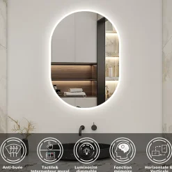 Miroir de salle de bain ovale 45x90 cm, anti-buée + mémoire + dimmable, AICA SANITAIRE