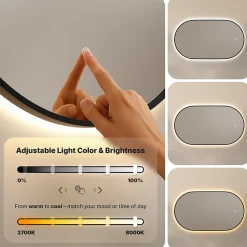 Miroir de salle de bain ovale chauffant et éclairé par LED 100x50cm avec cadre noir
