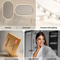Miroir de salle de bain ovale chauffant et éclairé par LED 100x50cm avec cadre noir