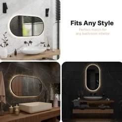 Miroir de salle de bain ovale chauffant et éclairé par LED 100x50cm avec cadre noir