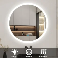 Miroir de salle de bain rond led 60 cm, anti buée Lumière blanche froid 6000K tactile mural, AICA SANITAIRE