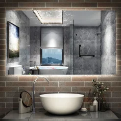 Miroir de salle de bain rétro-éclairé sans cadre 100x60cm, Tricolore + Anti-buée + Mémoire + Dimmable, AICA SANITAIRE
