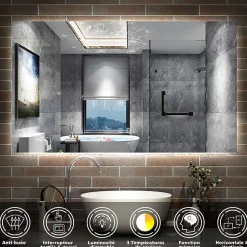 Miroir de salle de bain rétro-éclairé sans cadre 100x60cm, Tricolore + Anti-buée + Mémoire + Dimmable, AICA SANITAIRE