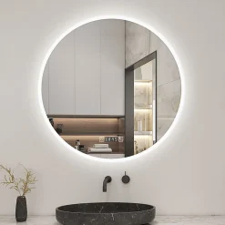 Miroir de salle de bain rond 60x60cm avec Horloge, LED, Tricolore, Anti-Buée, AICA SANITAIRE