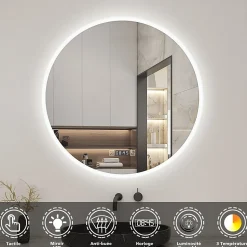 Miroir de salle de bain rond 60x60cm avec Horloge, LED, Tricolore, Anti-Buée, AICA SANITAIRE