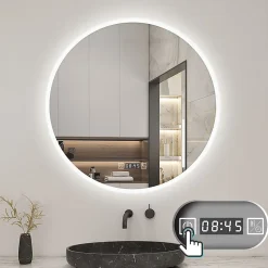 Miroir de salle de bain rond 60x60cm avec Horloge, LED, Tricolore, Anti-Buée, AICA SANITAIRE