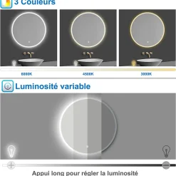 Miroir de salle de bain rond 120x120cm LED tricolore anti-buée + mémoire + dimmable, AICA SANITAIRE