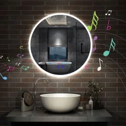 Miroir de salle de bain rond Bluetooth 70cm tricolore + dimmable + mémoire + anti-buée, IP44 Miroir LED, AICA SANITAIRE