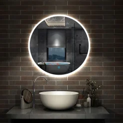 Miroir de salle de bain rond LED 60cm, dimmable + mémoire, IP44, AICA SANITAIRE