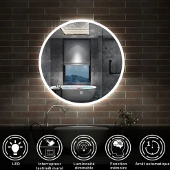 Miroir de salle de bain rond LED 60cm, dimmable + mémoire, IP44, AICA SANITAIRE