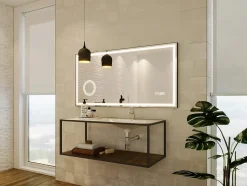 Miroir de salle de bain rectangulaire lumineux avec horloge digitale - Noir - 120 x 60 cm - AITANA