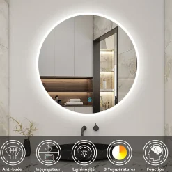 Miroir de salle de bain rond 70x70cm LED tricolore anti-buée + mémoire + dimmable, AICA SANITAIRE