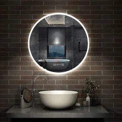 Miroir de salle de bain rond 70x70cm avec Horloge, LED, Tricolore, Anti-Buée, AICA SANITAIRE