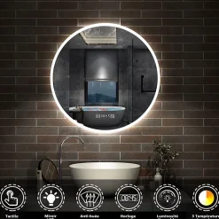 Miroir de salle de bain rond 70x70cm avec Horloge, LED, Tricolore, Anti-Buée, AICA SANITAIRE