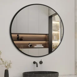 Miroir de salle de bain rond 50cm noir mat encadré, AICA SANITAIRE