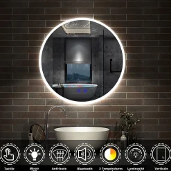 Miroir de salle de bain rond Bluetooth 60cm tricolore + dimmable + mémoire + anti-buée, IP44 Miroir LED, AICA SANITAIRE