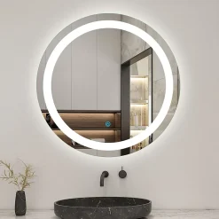 Miroir de salle de bain rond led 60 cm, anti buée Lumière blanche froid 6000K tactile mural, AICA SANITAIRE