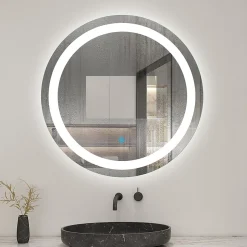 Miroir de salle de bain rond led 60 cm, anti buée Lumière blanche froid 6000K tactile mural, AICA SANITAIRE