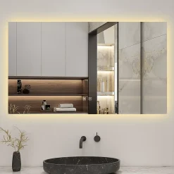 Miroir de salle de bain rétro-éclairé sans cadre 90x70cm, Tricolore + Anti-buée + Mémoire + Dimmable, AICA SANITAIRE