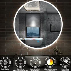 Miroir de salle de bain rond 70x70cm LED tricolore anti-buée + mémoire + dimmable, AICA SANITAIRE
