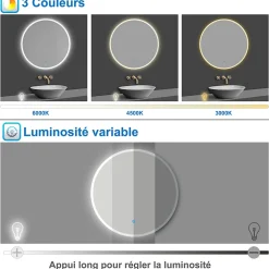 Miroir de salle de bain rond 60x60cm LED tricolore anti-buée + mémoire + dimmable, AICA SANITAIRE