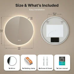 Miroir de salle de bain rond éclairé par LED 100 cm, antibuée, sans cadre
