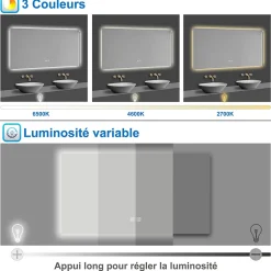 Miroir de salle de bain rétro-éclairé sans cadre 80x60cm, Tricolore + Anti-buée + Mémoire + Dimmable, AICA SANITAIRE