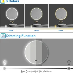 Miroir de salle de bain rond 60x60cm avec Horloge, LED, Tricolore, Anti-Buée, AICA SANITAIRE