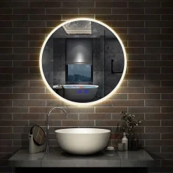 Miroir de salle de bain simple Bluetooth LED rond tricolore tactile avec anti-buée 60cm, AICA SANITAIRE