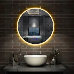 Miroir de salle de bain simple Bluetooth LED rond tricolore tactile avec anti-buée 70cm, AICA SANITAIRE