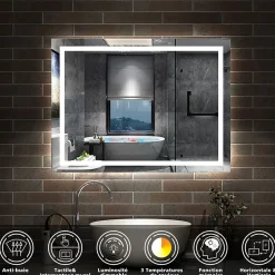 Miroir de salle de bain 100x70cm Tri-color anti-buée LED avec mémoire et lumière gradation, AICA SANITAIRE