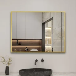 Miroir de salle de bain 70x50cm Cadre carré miroir or mat suspendu, horizontalement et verticalement, AICA SANITAIRE
